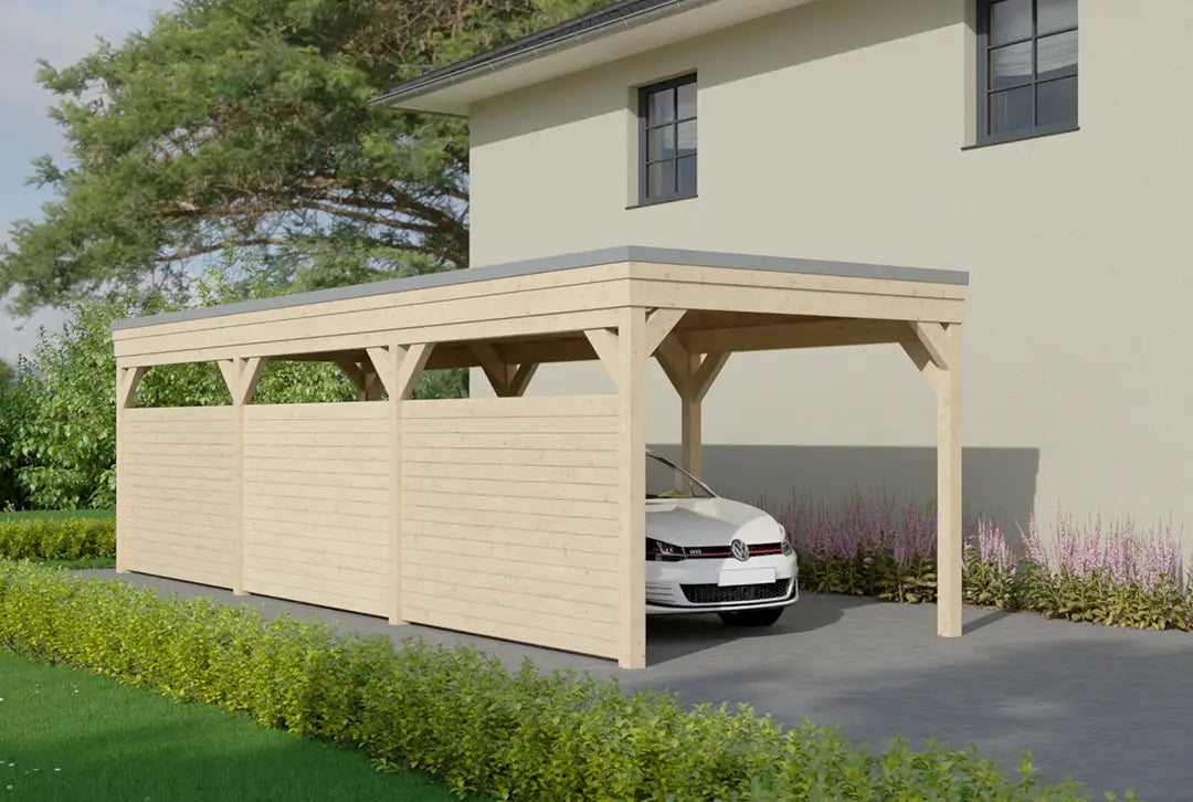 Carport met plat dak van hout 400x900cm met zijwand