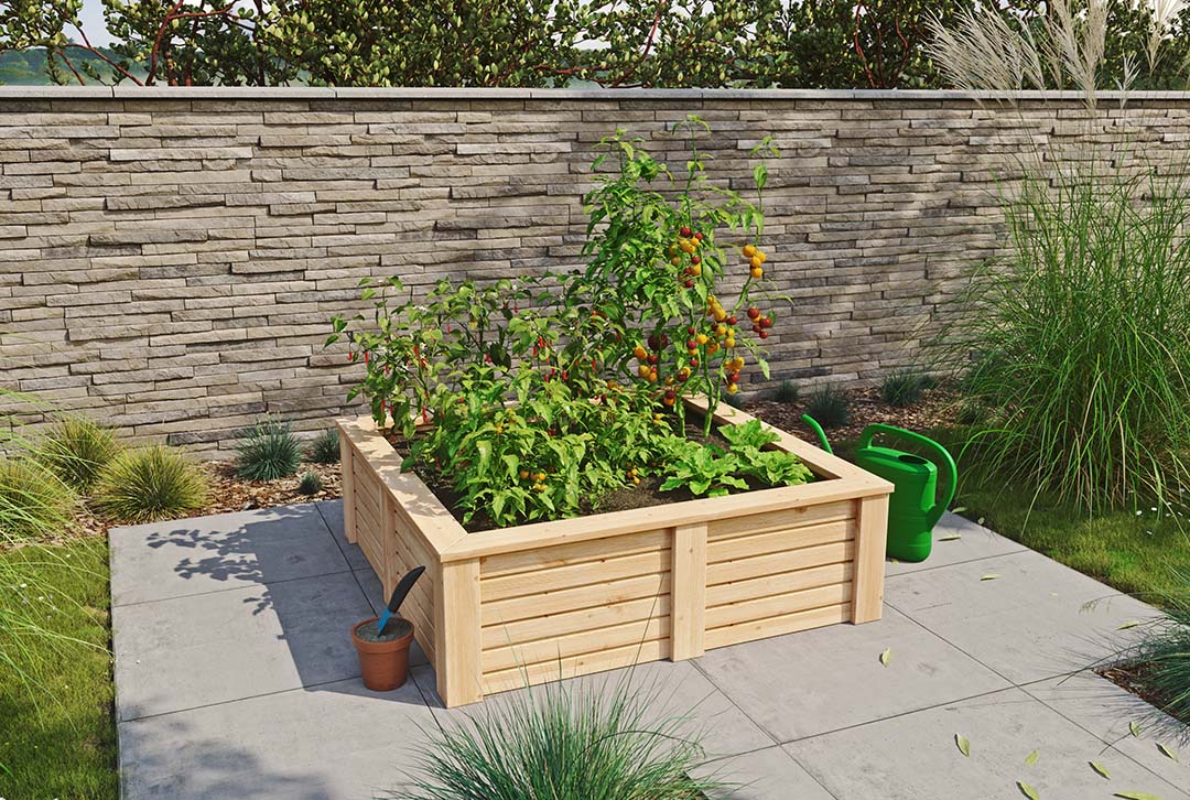 Verhoogd bed naturel van hout met een lengte van 310 cm