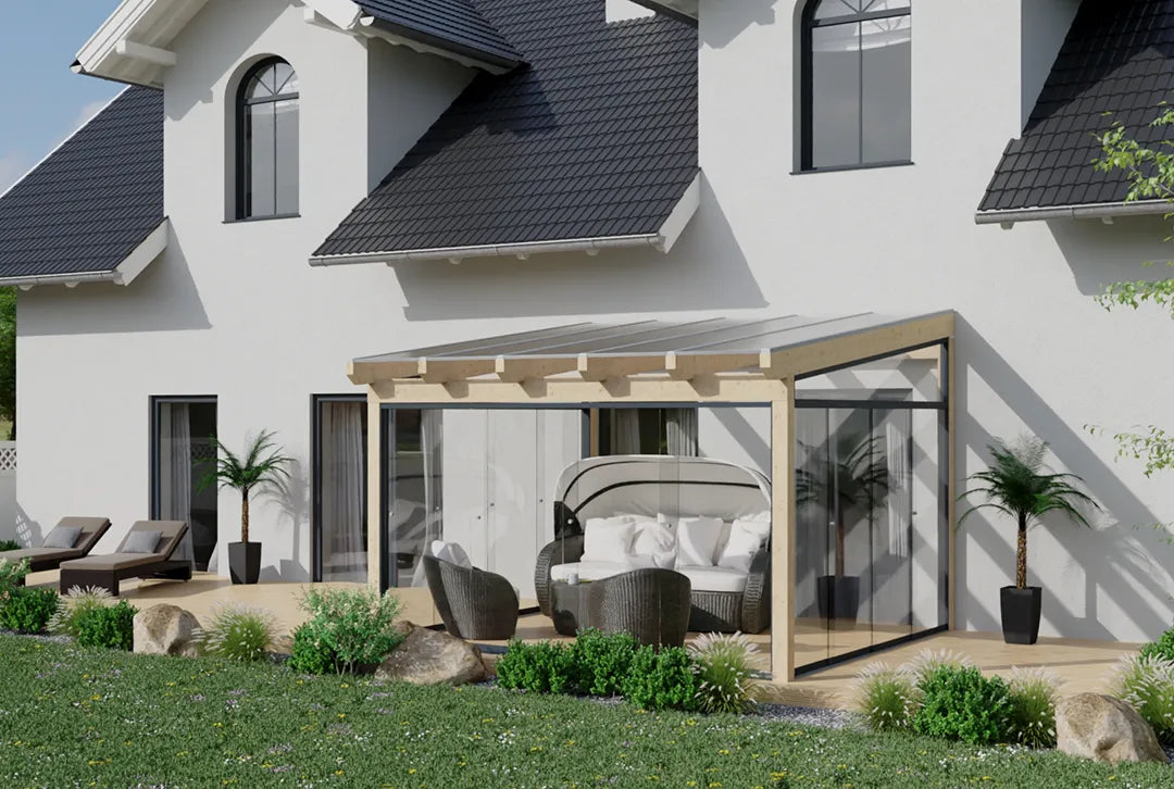 Koude wintertuin hout 400x250cm dubbel overspannen natuurlijk