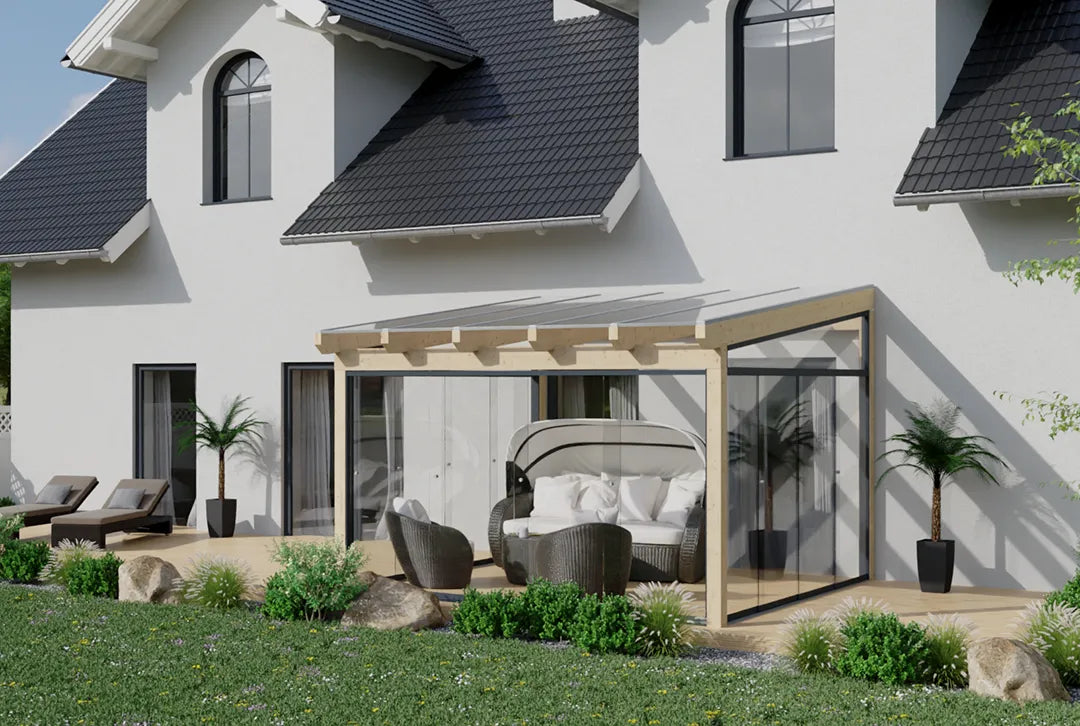 Koude wintertuin hout 400x400cm VSG naturel