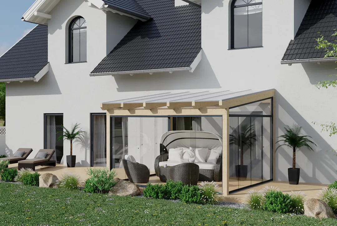 Koude wintertuin hout 400x400cm VSG naturel