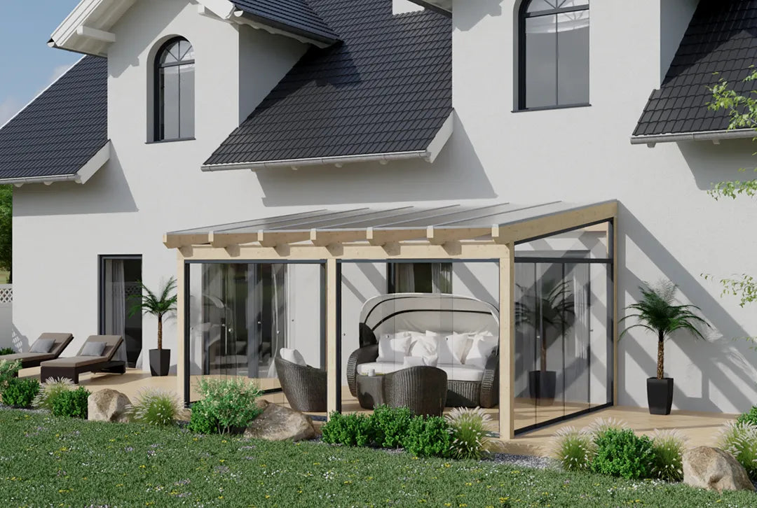 Koude wintertuin hout 700x450cm dubbeldeks teak