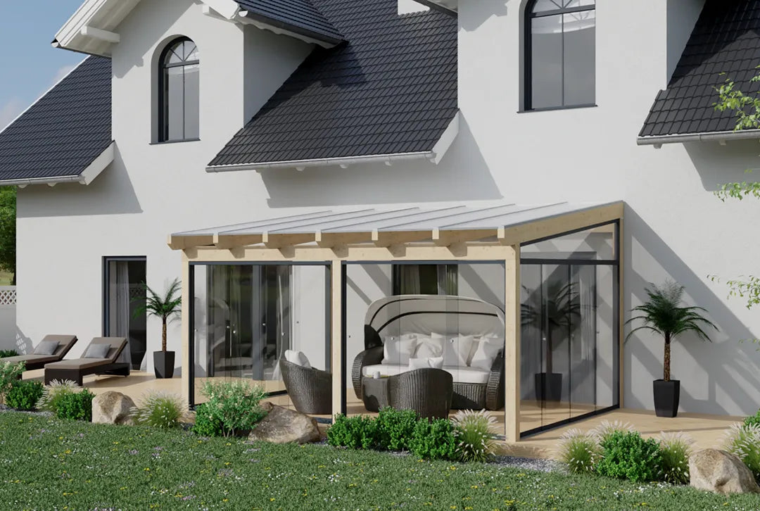 Koude wintertuin hout 700x450cm dubbeldeks teak