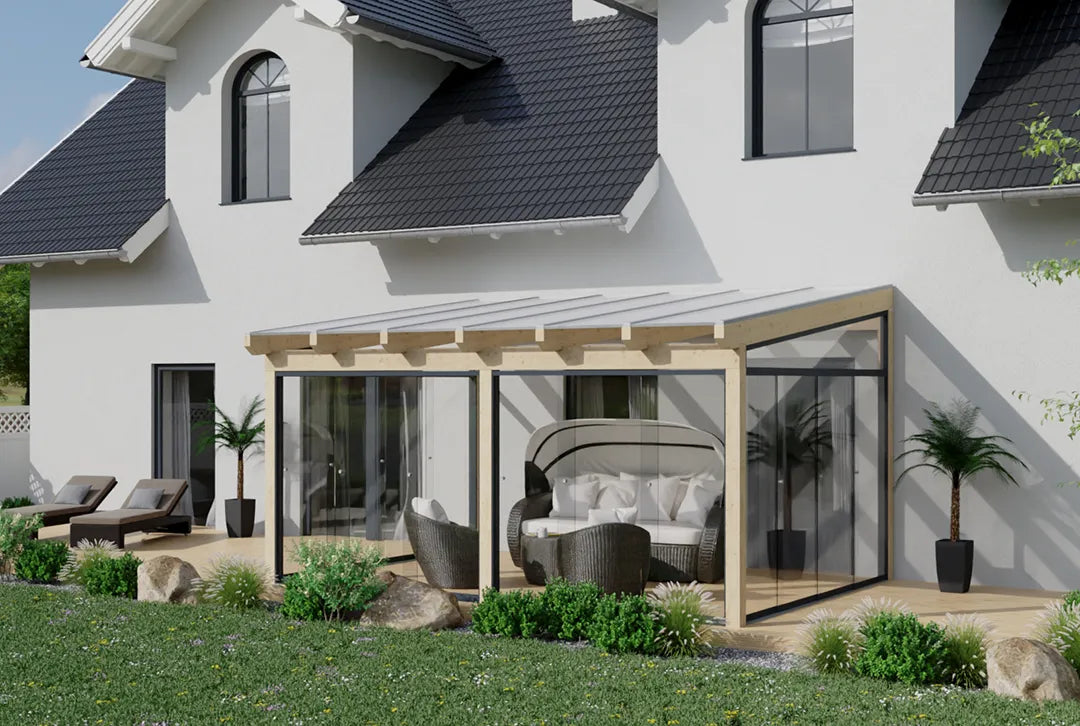 Koude wintertuin hout 500x350cm VSG wit