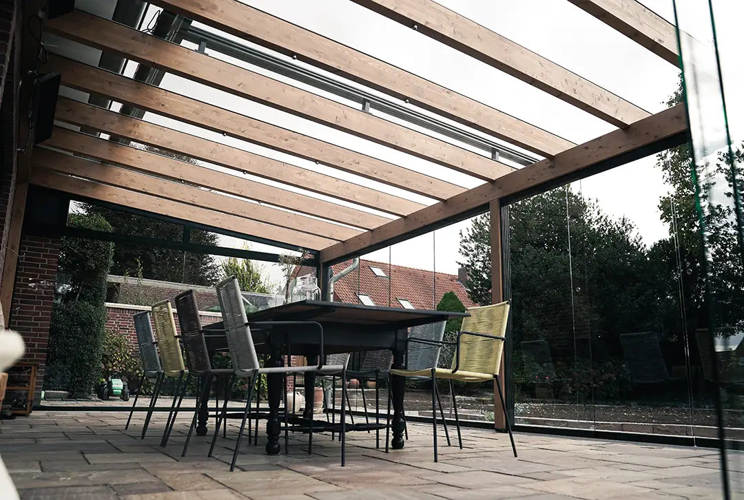 Koude wintertuin hout 400x250cm dubbel overspannen natuurlijk
