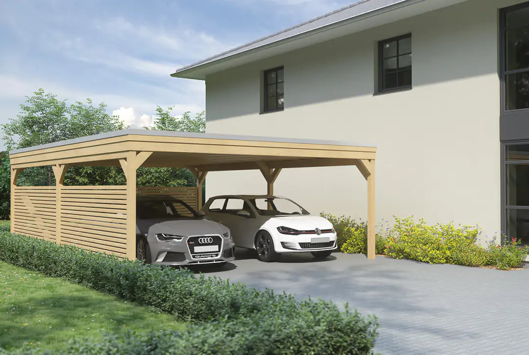 Carport met plat dak van hout 600x600cm met zijwand