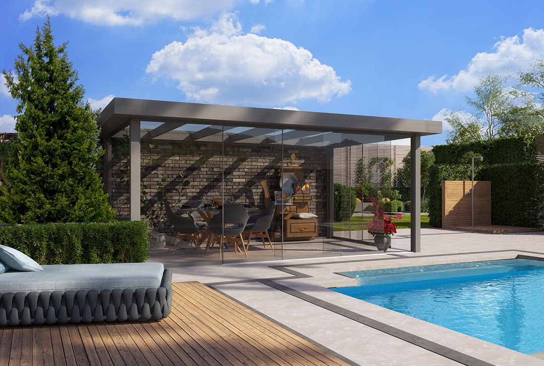 Terrasoverkapping plat dak 5x2,5m muuruitbreiding