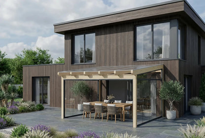 Koude wintertuin hout 400x250cm dubbel overspannen natuurlijk