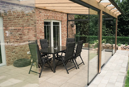 Terrasoverkapping van gelijmd hout, muurverlenging