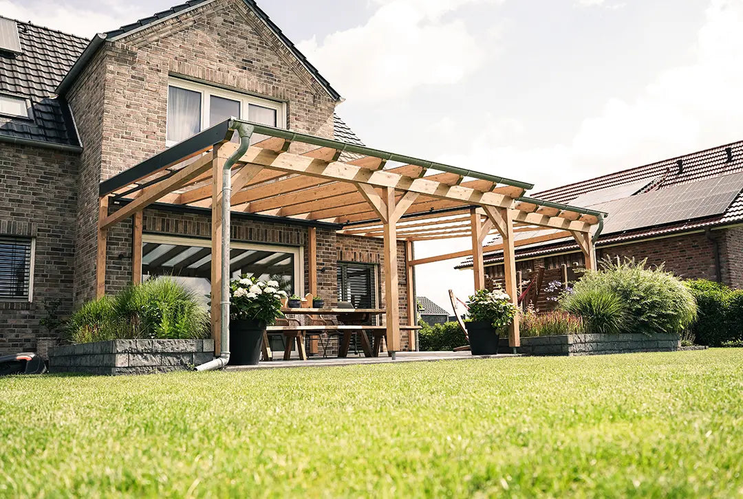 Terrasoverkapping hout 600x350cm dubbele brug licht eiken
