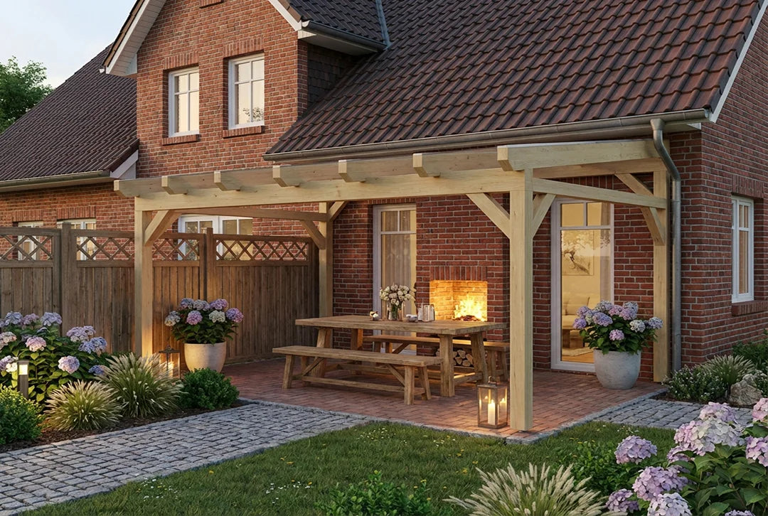 Terrasoverkapping hout 400x350cm VSG naturel
