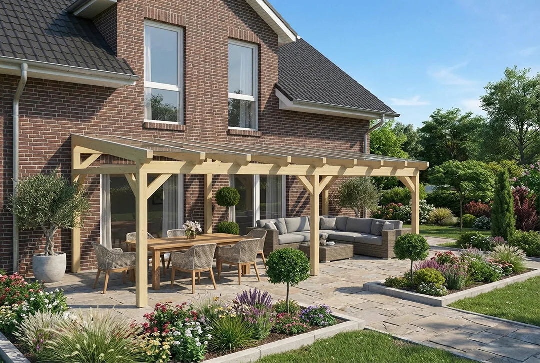 Terrasoverkapping hout 500x450cm VSG naturel