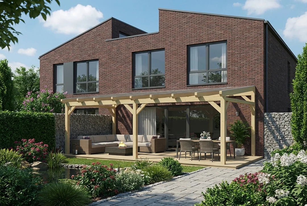 Terrasoverkapping hout 600x450cm VSG naturel