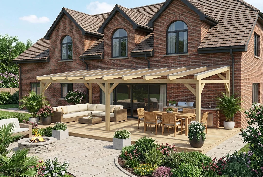 Terrasoverkapping hout 600x400cm VSG naturel