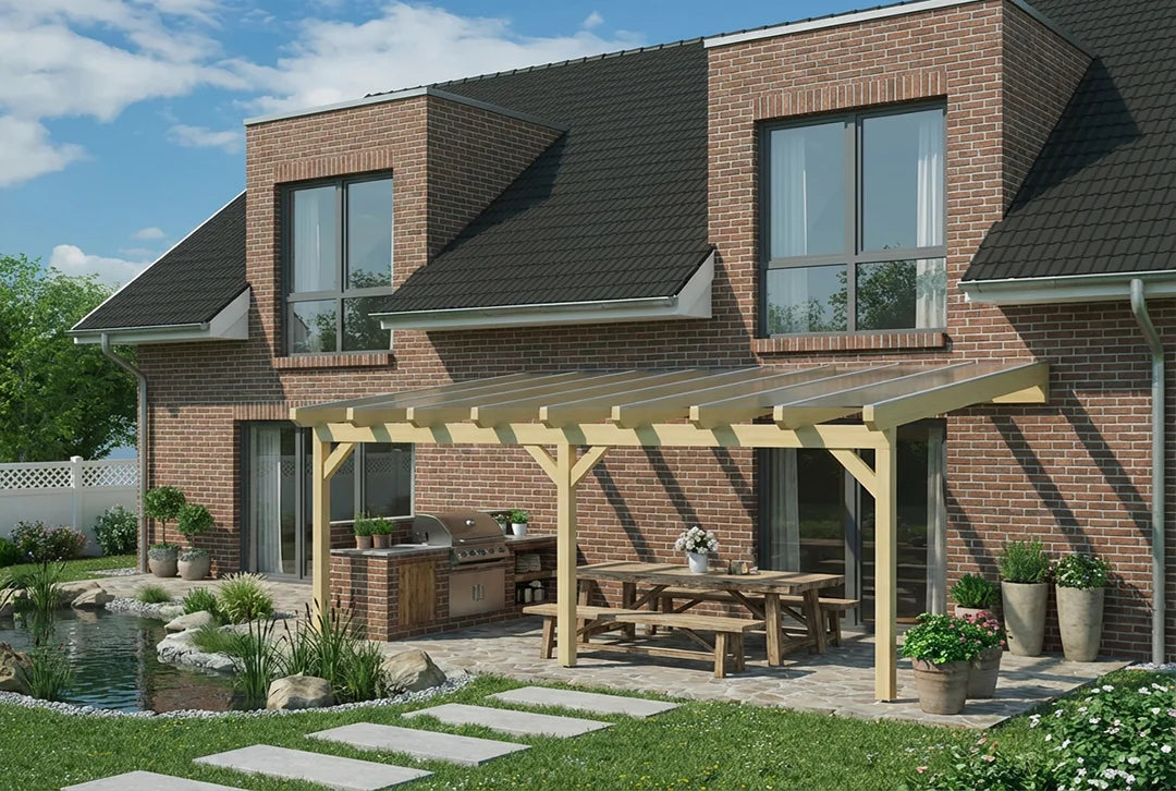 Terrasoverkapping hout 600x350cm VSG naturel