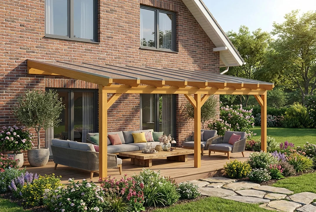 Terrasoverkapping hout 700x350cm dubbele brug licht eiken