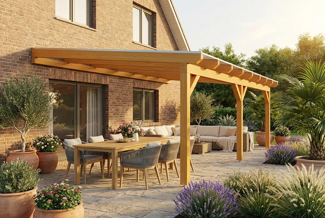 Terrasoverkapping hout 600x350cm dubbele brug licht eiken