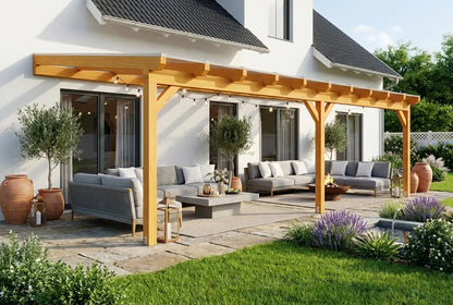 Terrasoverkapping hout 800x400cm dubbele brug licht eiken