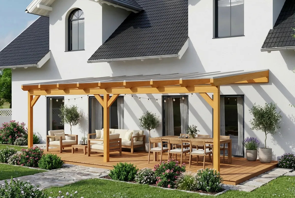 Terrasoverkapping hout 800x350cm dubbele brug licht eiken