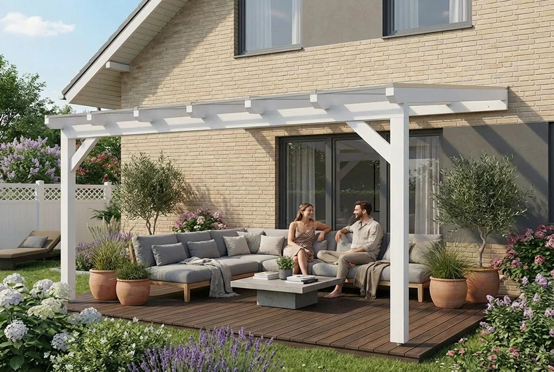 Terrassenüberdachung Holz 400x450cm Doppelsteg weiß – steda
