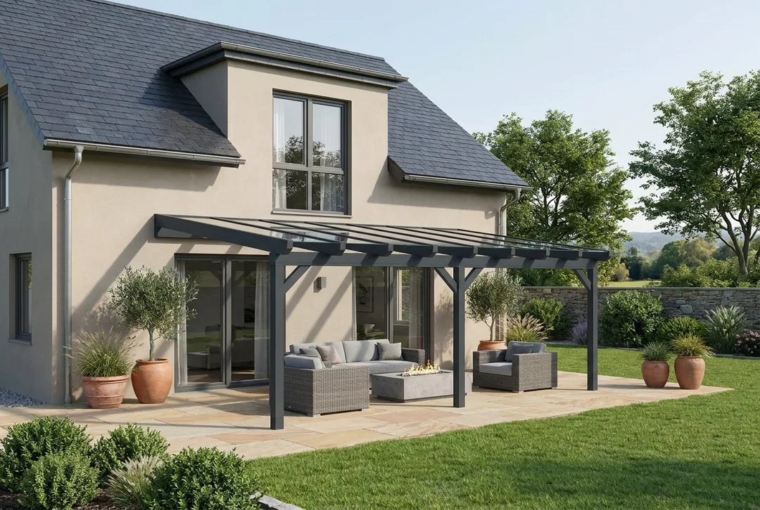 Terrassenüberdachung Holz 600x450cm VSG anthrazit – steda