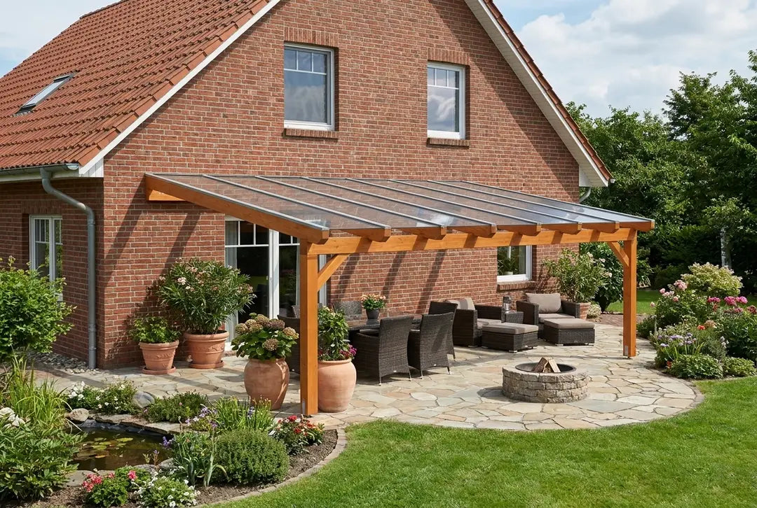 Terrasoverkapping hout 400x450cm dubbele brug licht eiken