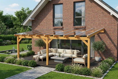 Terrasoverkapping hout 600x450cm VSG licht eiken