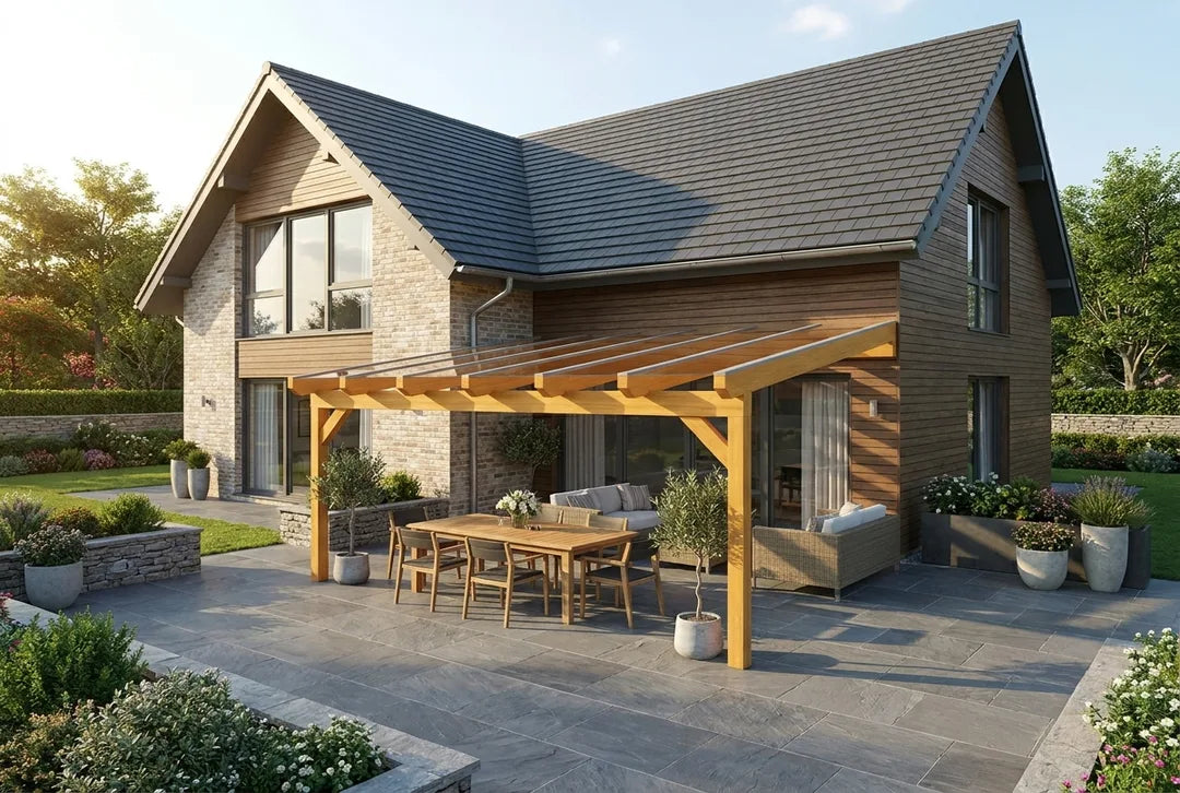 Terrasoverkapping hout 400x350cm VSG licht eiken