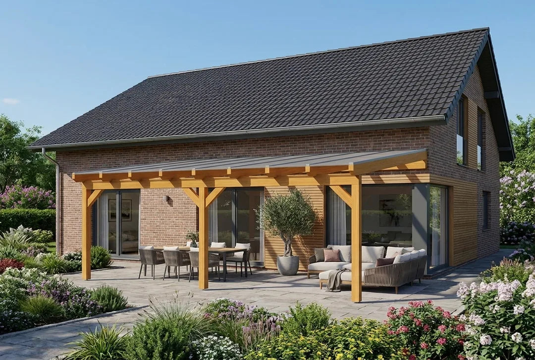 Terrasoverkapping hout 700x250cm dubbele brug licht eiken