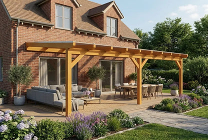 Terrasoverkapping hout 700x400cm dubbele brug licht eiken