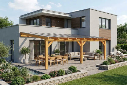 Terrasoverkapping hout 600x250cm dubbele brug licht eiken