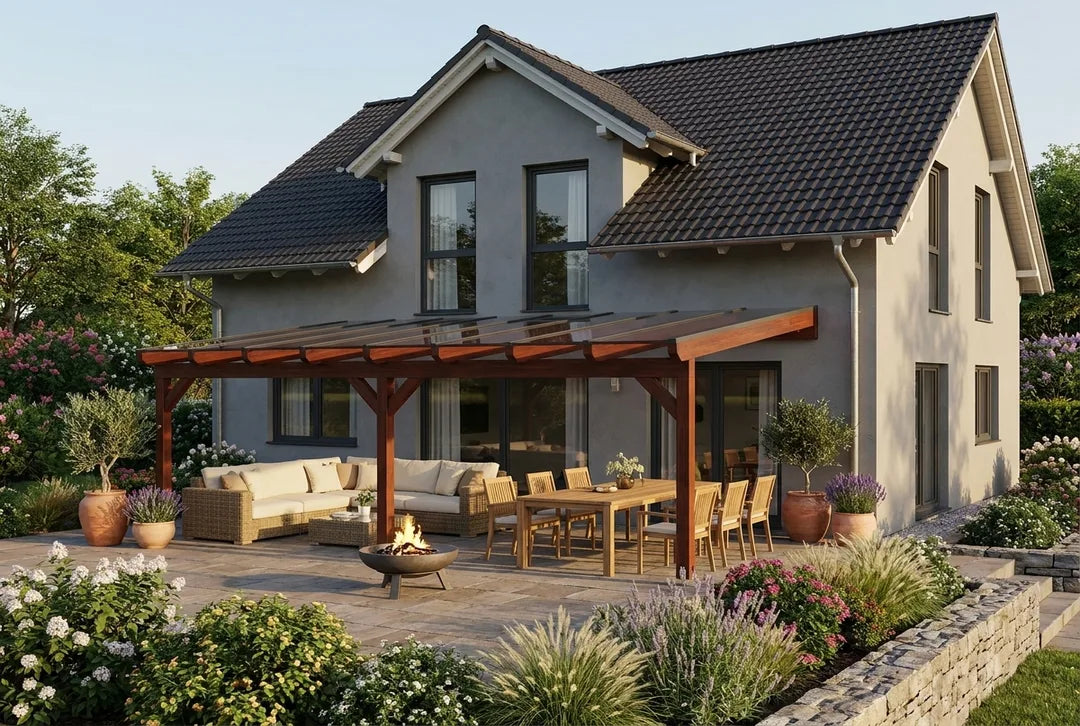 Terrasoverkapping hout 600x250cm VSG teak