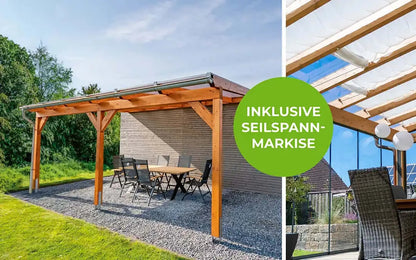 Terrasoverkapping 4x3m houten wandverlenging LIMITED EDITION inclusief luifel met trekkoord